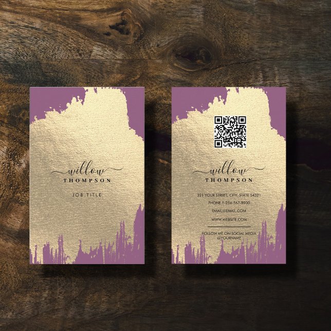 Purple Rose Gold Foil Brush Stroke QR Code Business Card (Purple Rose Gold Foil Brush Stroke QR Code Business Card)