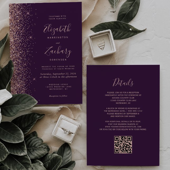 Purple Rose Gold Glitter Edge QR Code Wedding Invitation (Creator Uploaded)