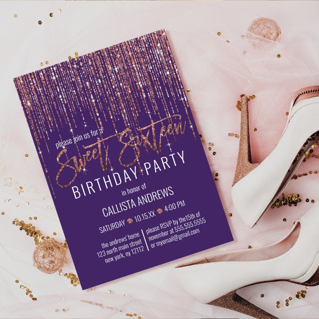 Purple Rose Gold Glitter Fringe Curtain Sweet 16 Invitation (Creator Uploaded)