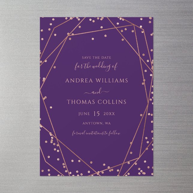 Purple Rose Gold Glitter Geometric Save the Date Magnetic Invitation (Creator Uploaded)