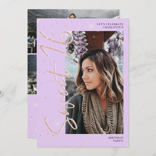 Purple rose gold glitter script 4 photos Sweet 16 Invitation (Front/Back)