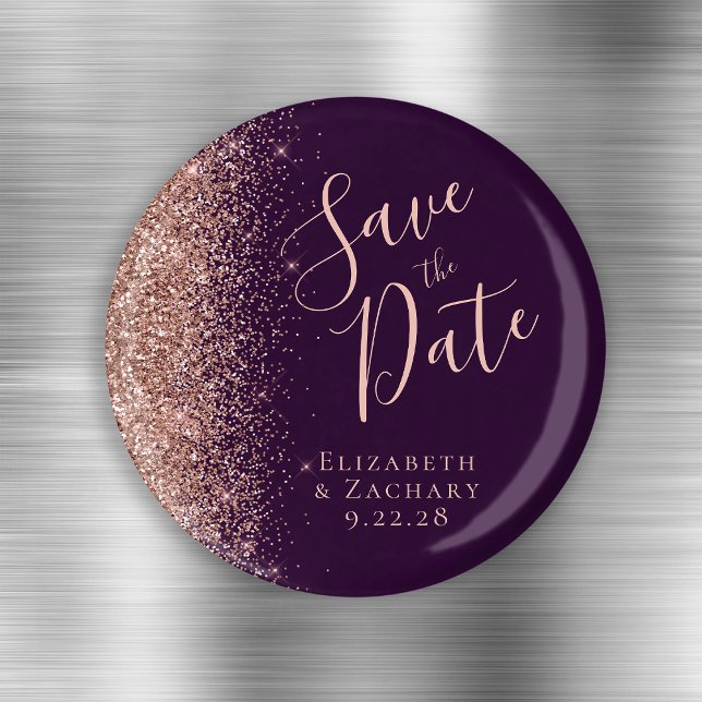 Purple Rose Gold Glitter Script Save the Date Magnet (Creator Uploaded)