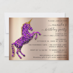 Purple Rose Gold Glitter Unicorn Horse Birthday Invitation