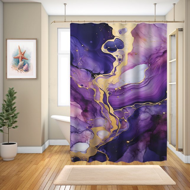Purple Rose Gold Liquid Ink Marble  Shower Curtain (Creator Uploaded)