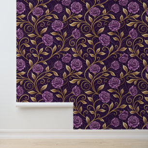 Purple Rose & Gold Luxurious Floral Personalised Wallpaper