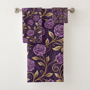Purple Rose & Gold Luxurious Floral Personalized Bath Towel Set