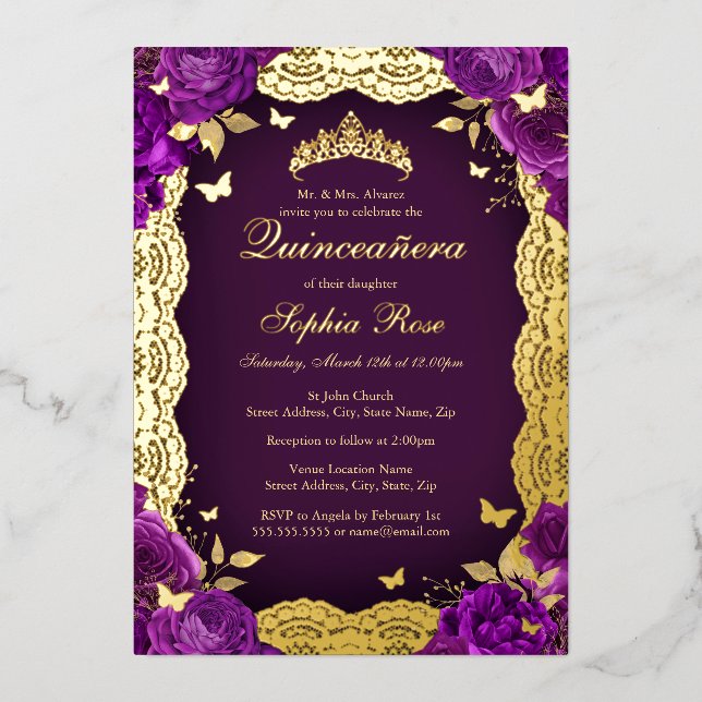 Purple Rose Lace Butterfly Quinceanera Birthday  (Front)