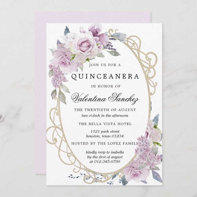 Purple Rose Lilac Watercolor Floral Quinceanera Invitation (Front/Back)