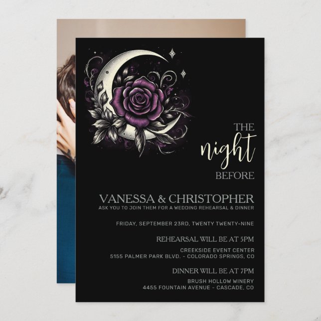 Purple Rose Moon Night Before Wedding Rehearsal Invitation (Front/Back)