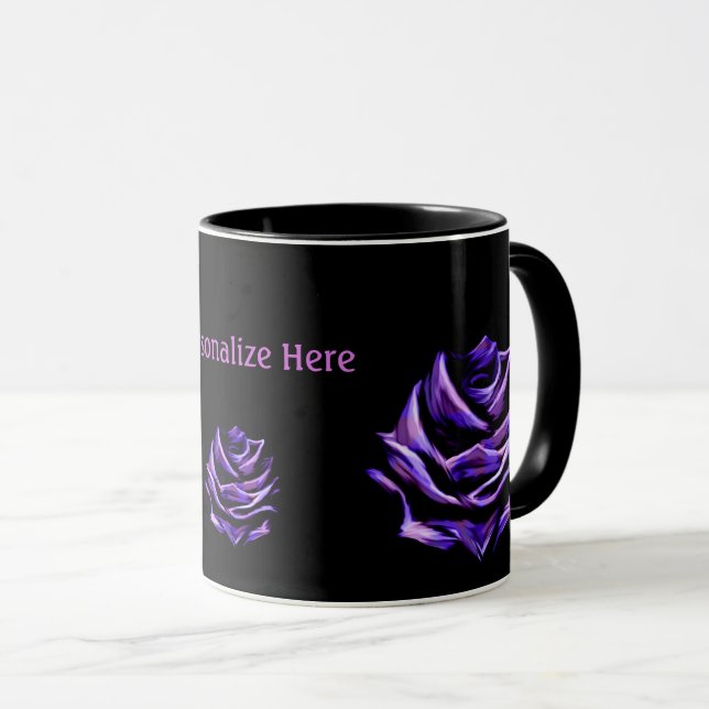 Purple Rose on Black Personalised Coffee Cup Mug (Front Right)