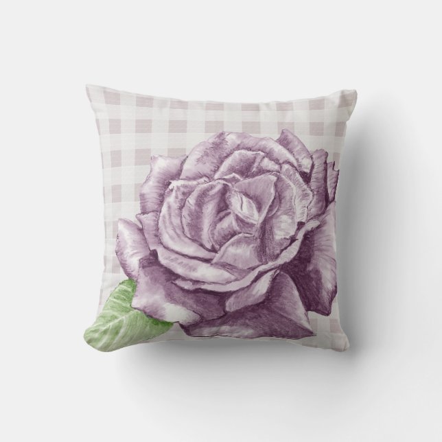 Purple Rose on Lilac Gingham Cushion (Front)