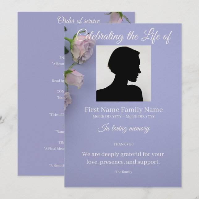 Purple rose order of service invitation (Front/Back)