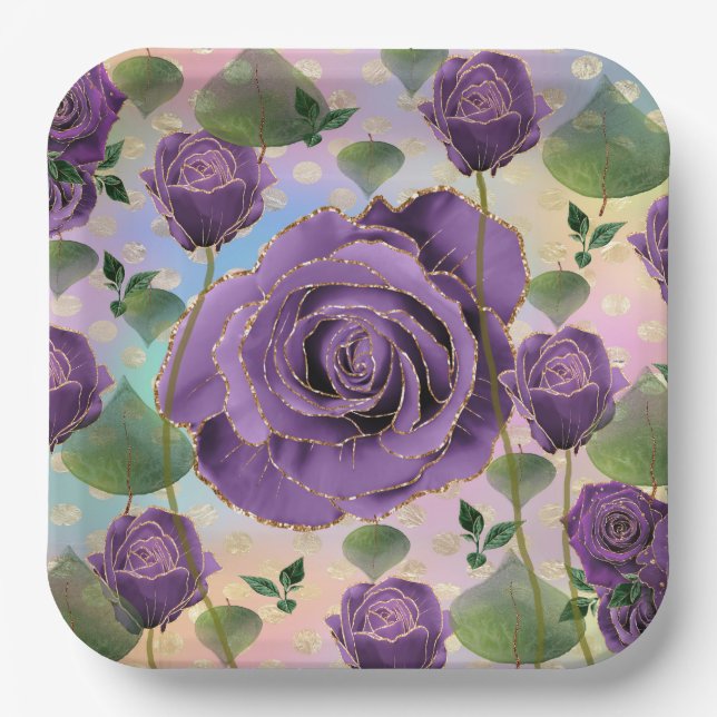 Purple Rose Paper Plates with Faux Gold Trim (Front)