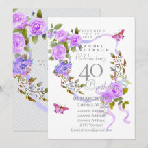 Purple Rose Ribbon 40th Birthday Invitation