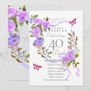 Purple Rose Ribbon 40th Birthday Invitation