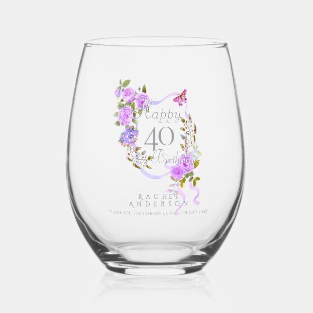 Purple Rose Ribbon 40th Birthday Stemless Wine Glass (Front)