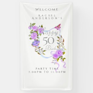 Purple Rose Ribbon 50th Birthday Banner