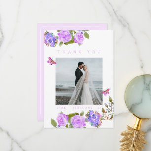 Purple Rose Ribbon Monogram Photo Wed Thank You  Card