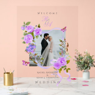 Purple Rose Ribbon Monogram Photo Wedding  Acrylic Sign