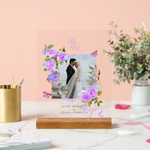 Purple Rose Ribbon Monogram Photo Wedding  Acrylic Sign
