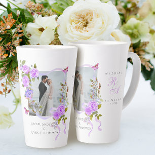 Purple Rose Ribbon Monogram Photo Wedding  Latte Mug