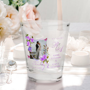 Purple Rose Ribbon Monogram Photo Wedding  Shot Glass
