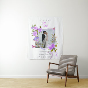 Purple  Rose Ribbon Monogram Photo Wedding Tapestry