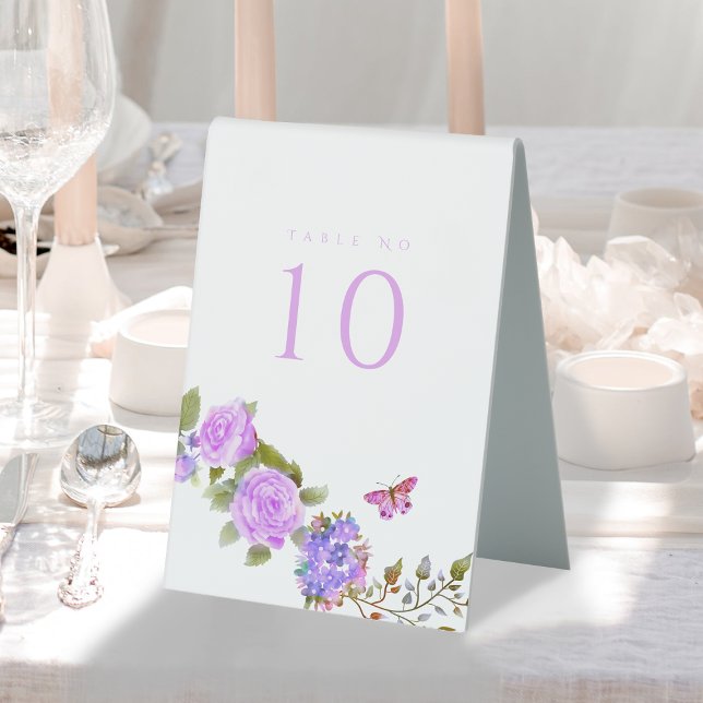 Purple Rose Ribbon Monogram Wedding  (Elegant Rose Purple Wedding Table Number Tent Sign.)