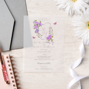 Purple Rose Ribbon Monogram Wedding  Invitation