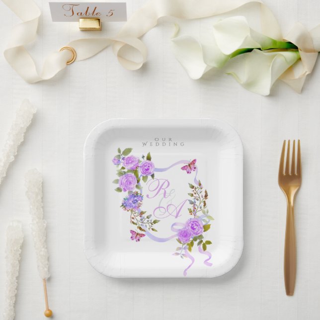 Purple Rose Ribbon Wedding Paper Plate (Wedding)