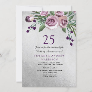 Purple Rose Silver 25th Wedding Anniversary Invite