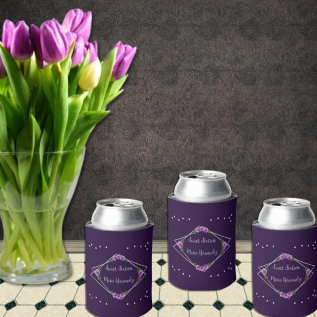 Purple Rose Silver Geometric Sweet 16 Can Cooler (Creator Uploaded)