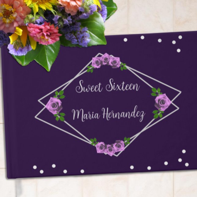 Purple Rose Silver Geometric Sweet 16 Guest Book (Creator Uploaded)