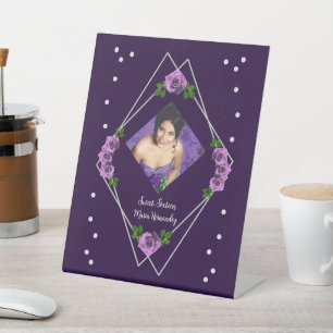 Purple Rose Silver Geometric Sweet 16 Pedestal Sign