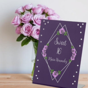 Purple Rose Silver Geometric Sweet 16 Pedestal Sign