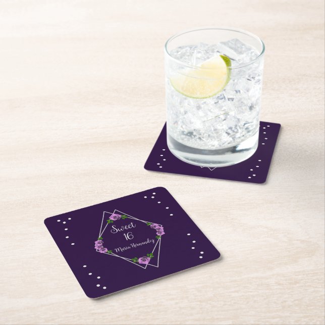 Purple Rose Silver Geometric Sweet 16 Square Paper Coaster (Insitu)