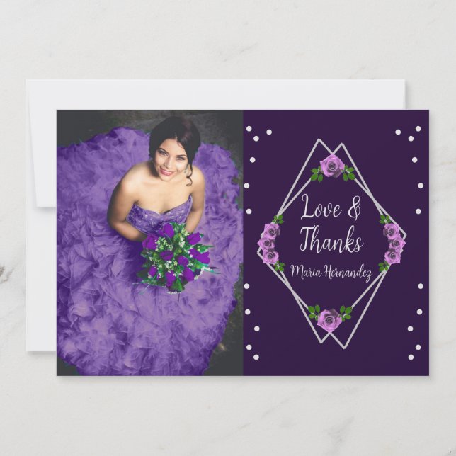 Purple Rose Silver Geometric Sweet 16 Thank You Card (Front)