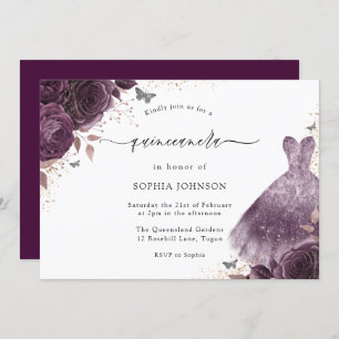 Purple Rose Sparkle Dress Floral Quinceanera Party Invitation
