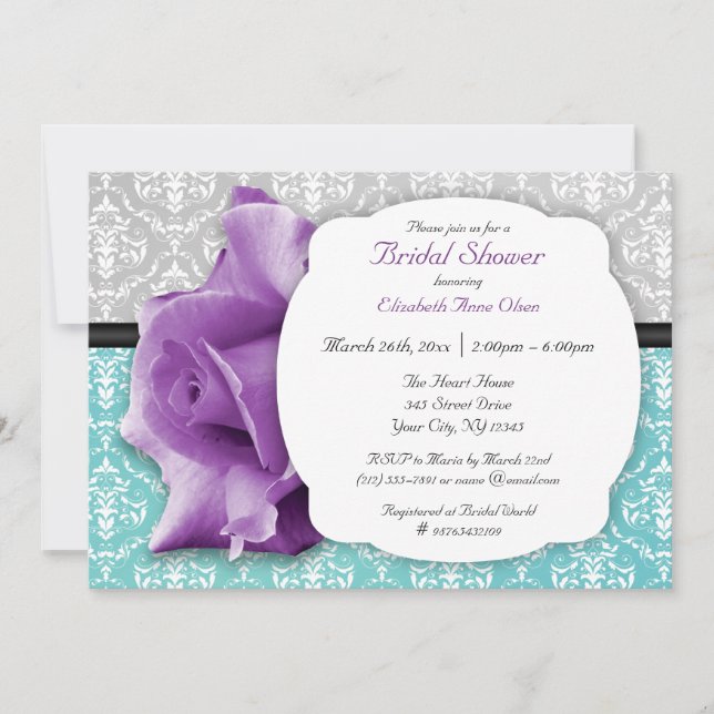 Purple Rose Teal Damask Bridal Shower Invitations (Front)