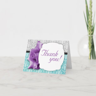 Purple Rose Teal Damask Custom Thank You Cards