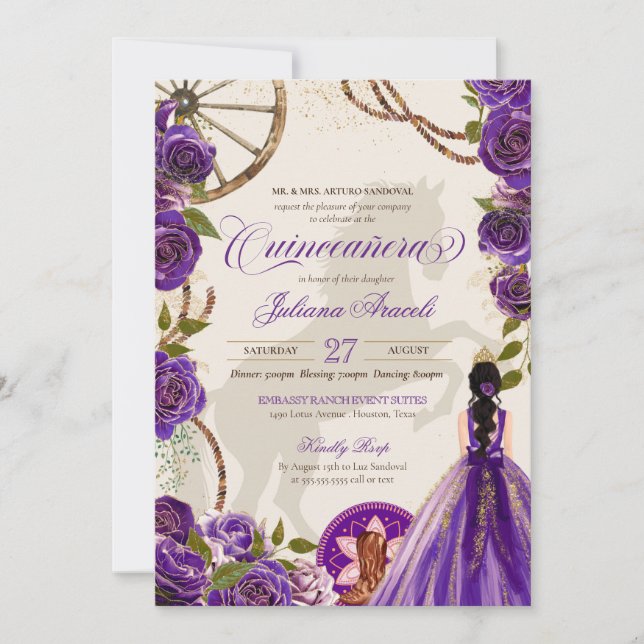 Purple Rose Western Ranch Charro Quinceanera Invitation (Front)