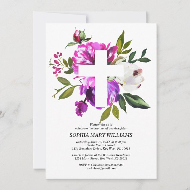 Purple Rose & White Cross Girl Baptism Invitation (Front)