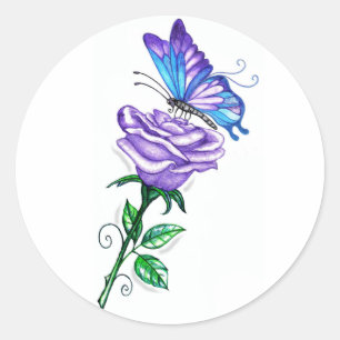 Purple Rose with Butterfly Classic Round Sticker