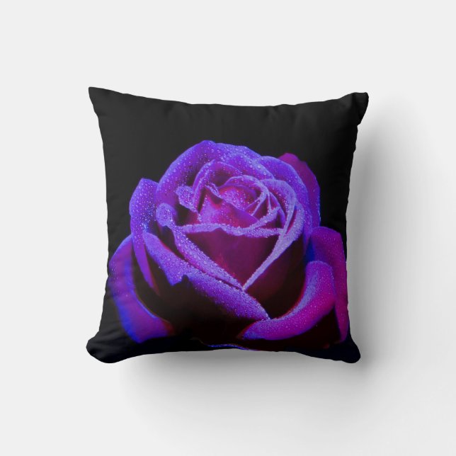 Purple Rose With Water Drops on Black Background Cushion (Front)