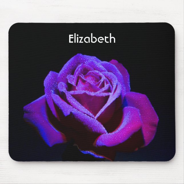 Purple Rose With Water Drops on Black Background Mouse Pad (Front)