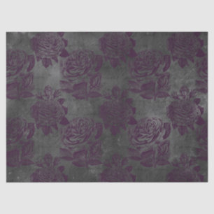 Purple Roses and Black Script on Grey Decoupage Tissue Paper
