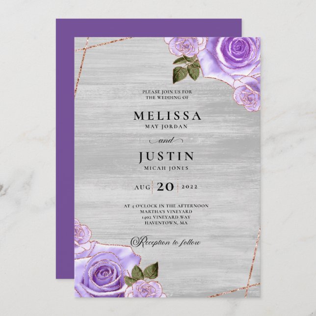 Purple Roses and Glitter wood Wedding Invitation (Front/Back)