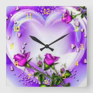 Purple Roses and Heart Square Wall Clock