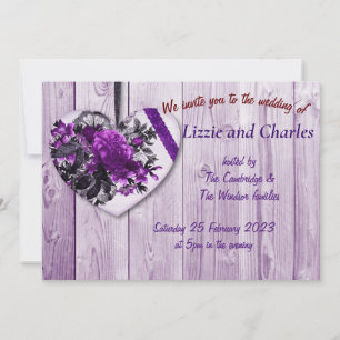 Purple roses and heart wedding invitation