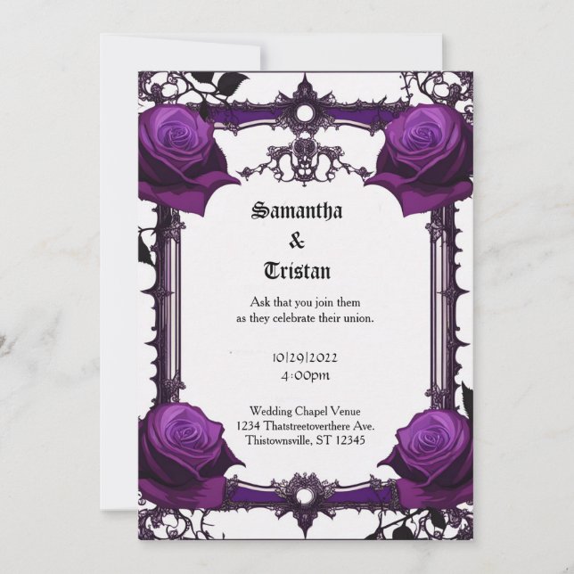 Purple Roses and Lace Goth Wedding Invitation (Front)